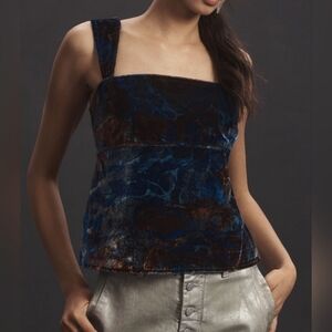 Pilcro by Anthropologie Velvet Flyaway Open Back Top, Blue Brown Pattern, LARGE
